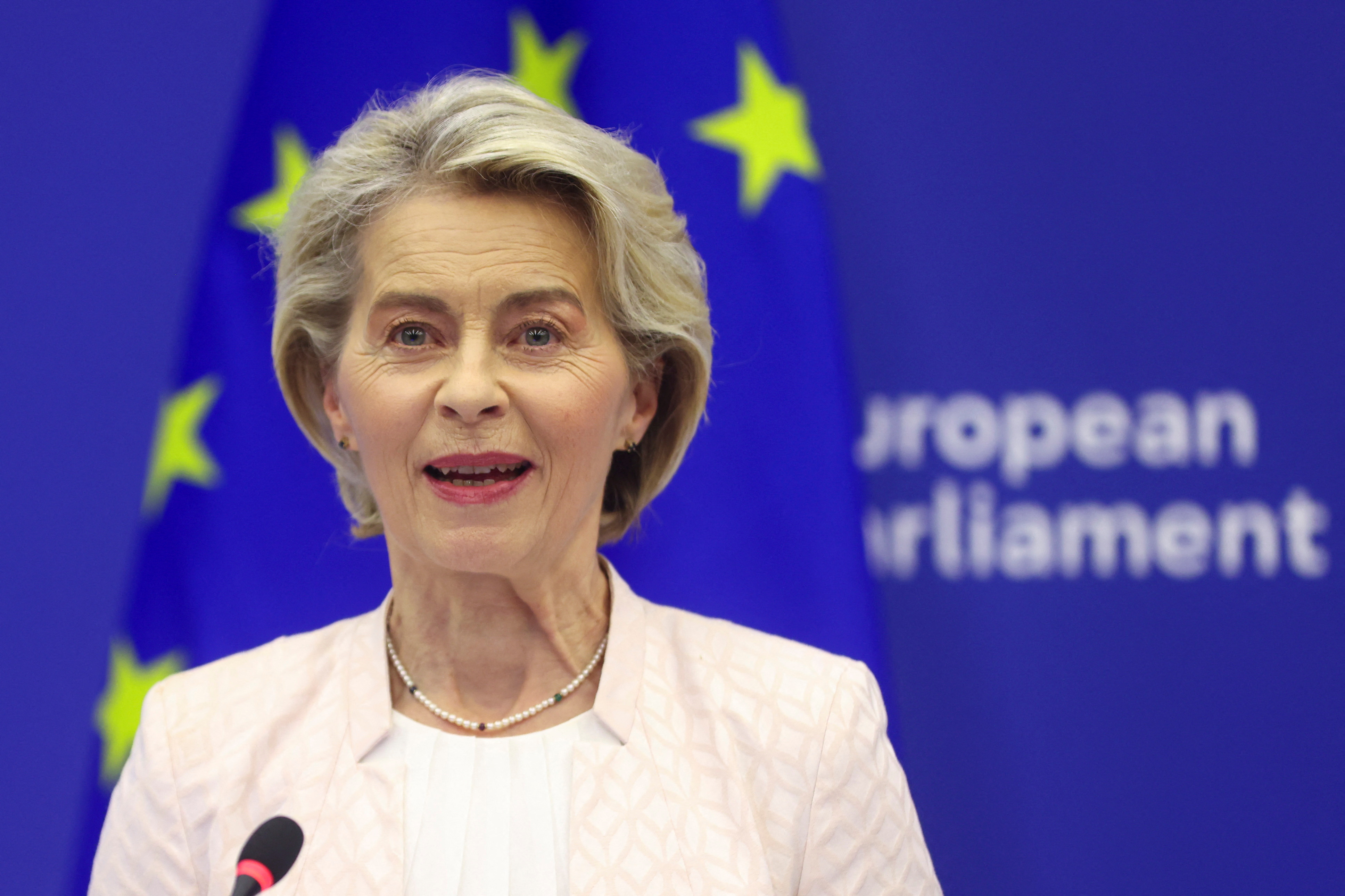 FILE PHOTO: Ursula von der Leyen attends a press conference at the European Parliament in Strasbourg, France