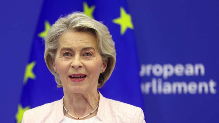 FILE PHOTO: Ursula von der Leyen attends a press conference at the European Parliament in Strasbourg, France