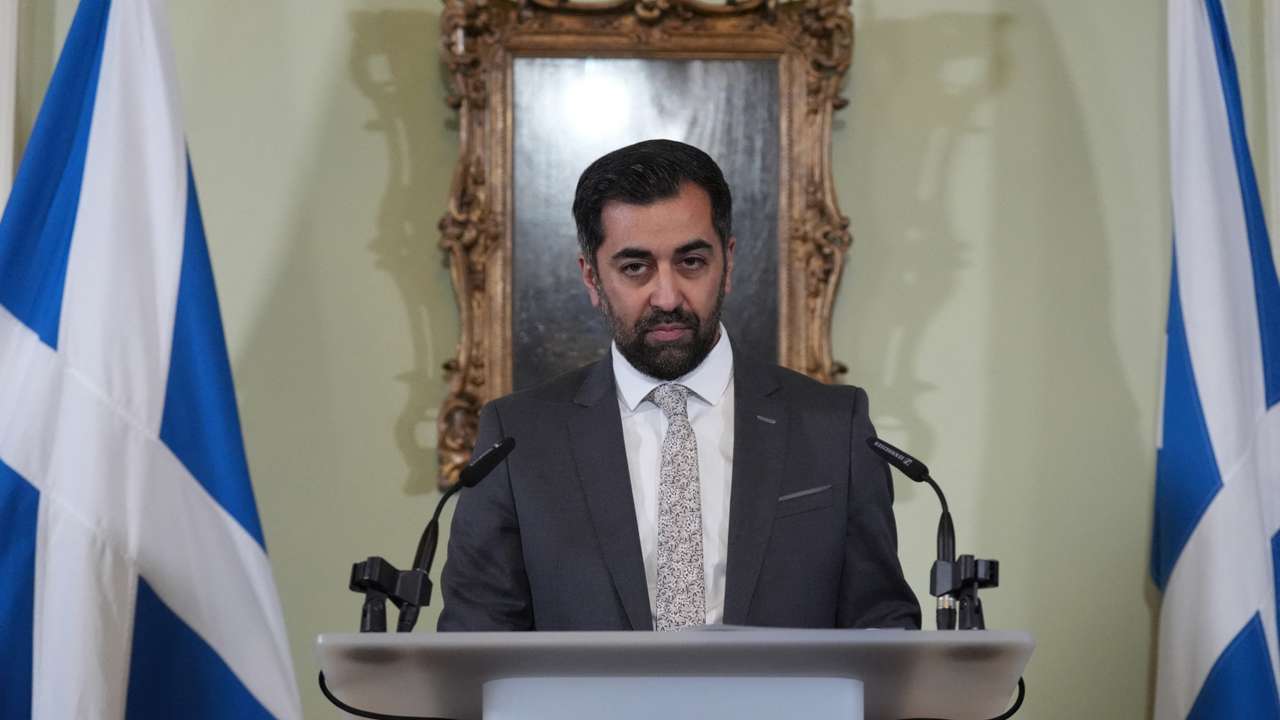 Scotland's First Minister Humza Yousaf speaks during a press conference at Bute House