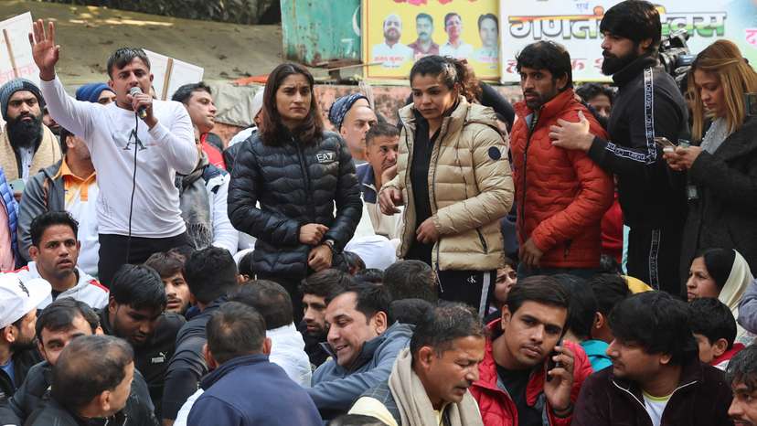FILE PHOTO: Indian wrestlers take part in a protest demanding the disbandment of the WFI and the investigation of its head by the police, who they accuse of sexually harassing female players, at Jantar Mantar in New Delhi