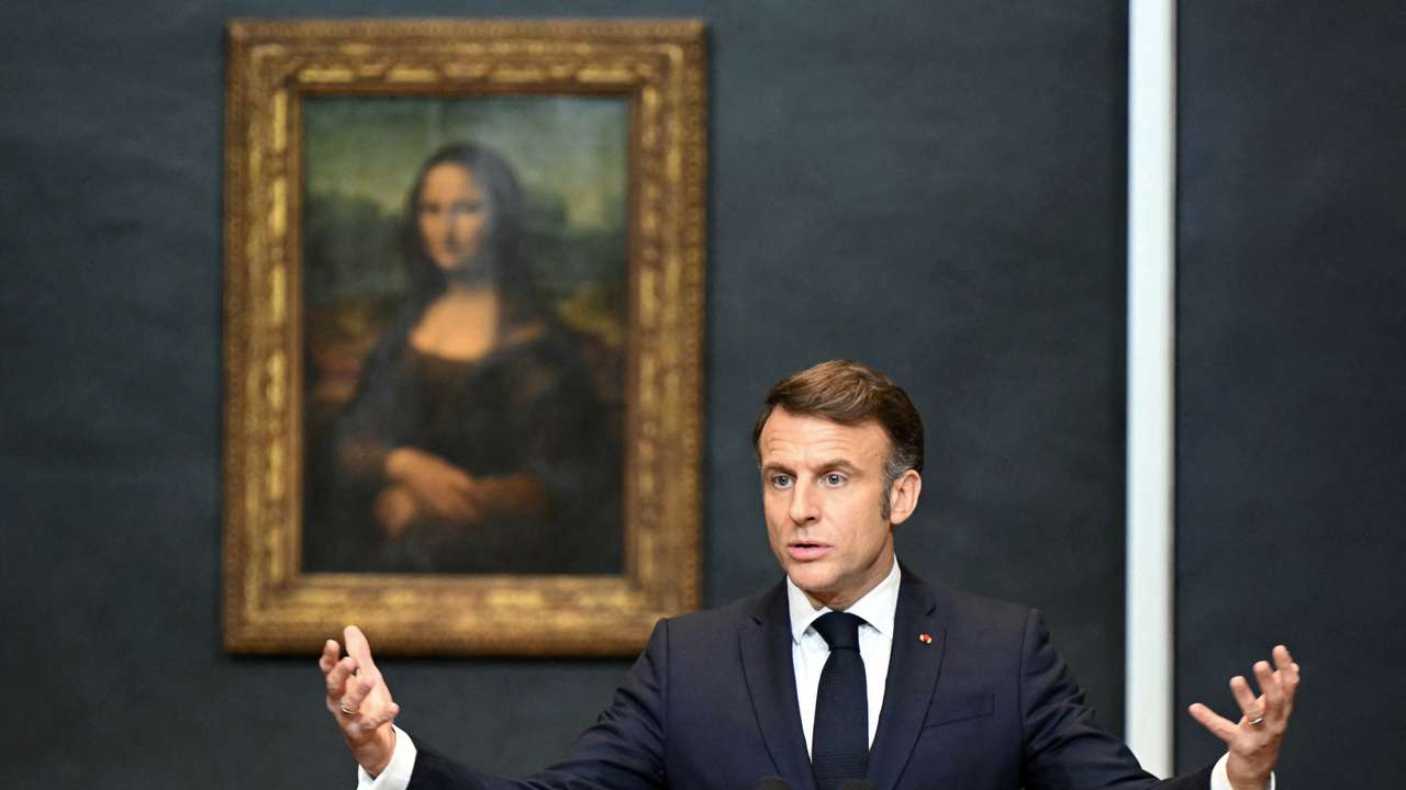 France's President Emmanuel Macron gives a speech at the Louvre Museum in Paris