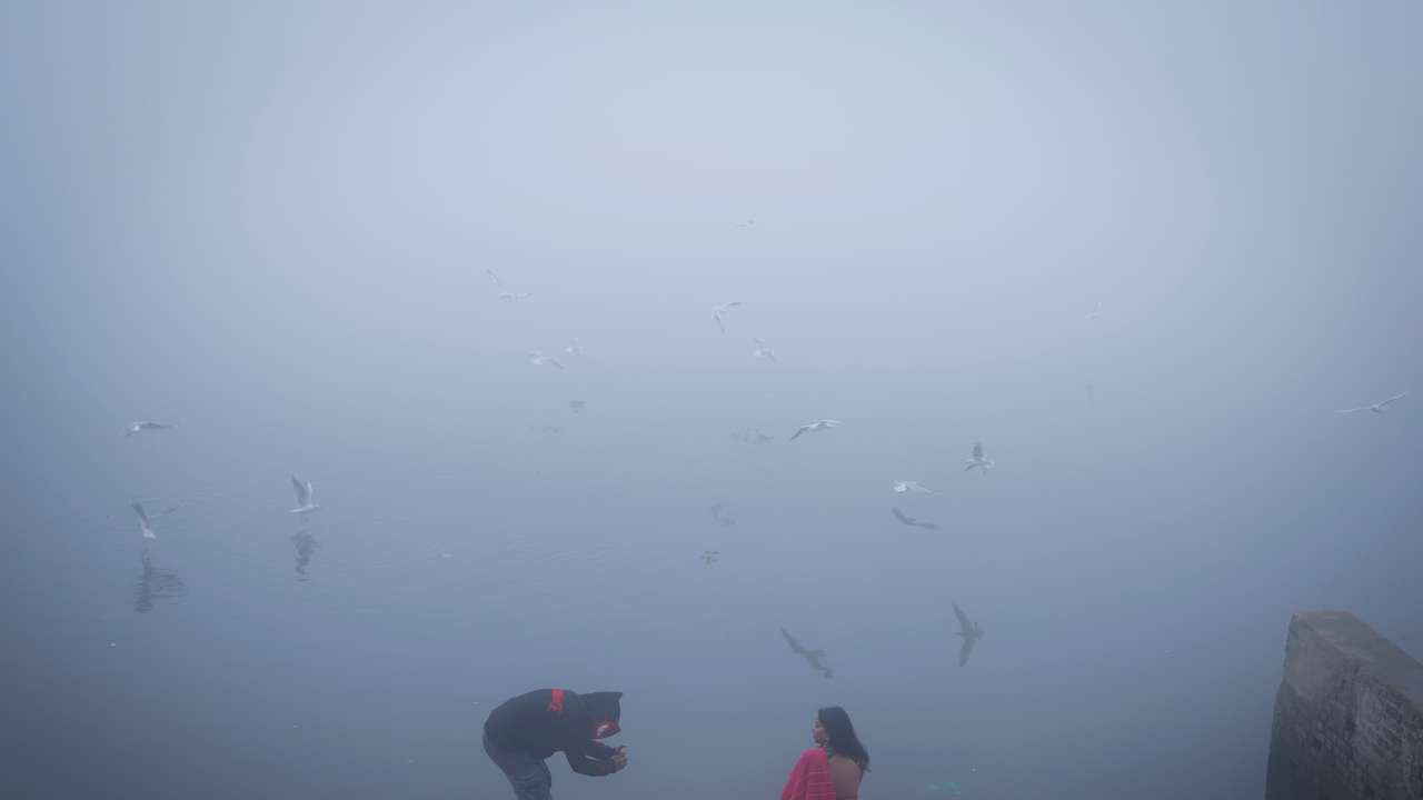 A girl gets her picture clicked on the banks of the Yamuna river on a foggy winter morning in New Delhi
