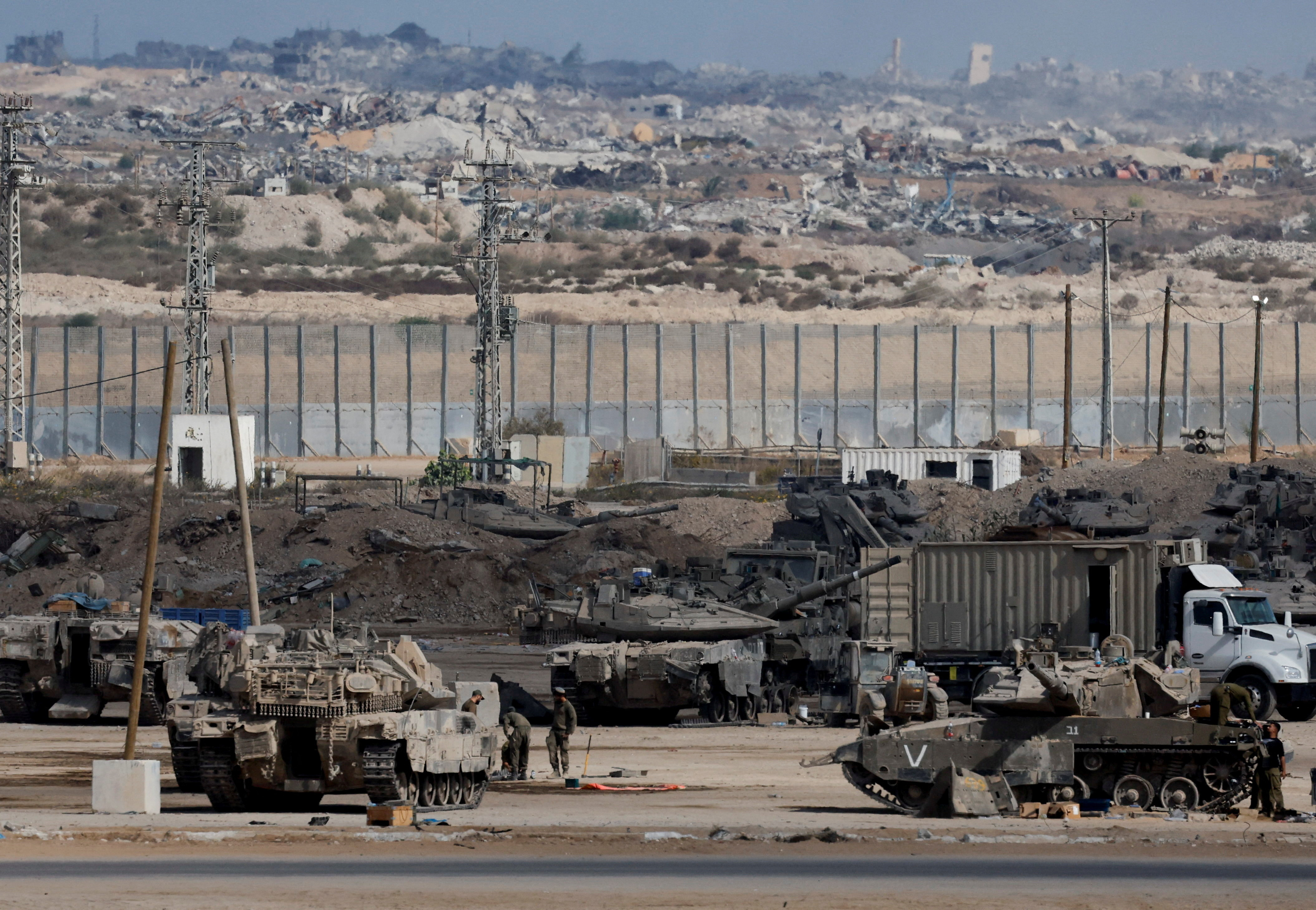 Israeli military personnel operate on the Israeli side of the Israel-Gaza border