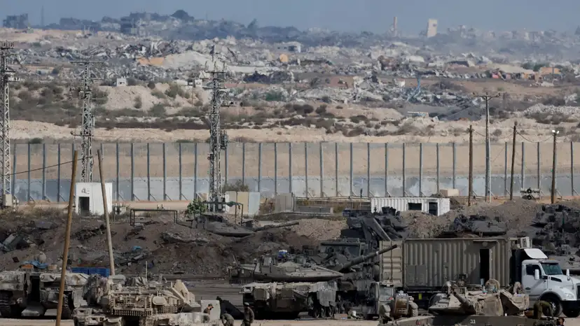 Israeli military personnel operate on the Israeli side of the Israel-Gaza border