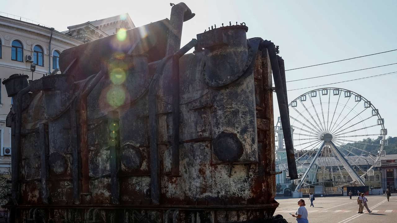 Installation with a power transformer, damaged by a Russian military strike, is seen in the city center in Kyiv
