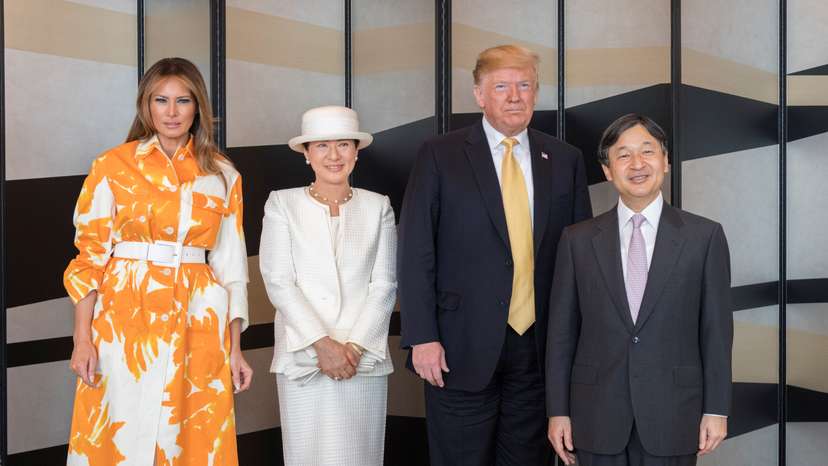 U.S. President Donald Trump and first lady Melania Trump pose for a photograph with Japan's Emperor Naruhito and Empress Masako as they are bid farewell by the Emperor and Empress before their leaving from Japan