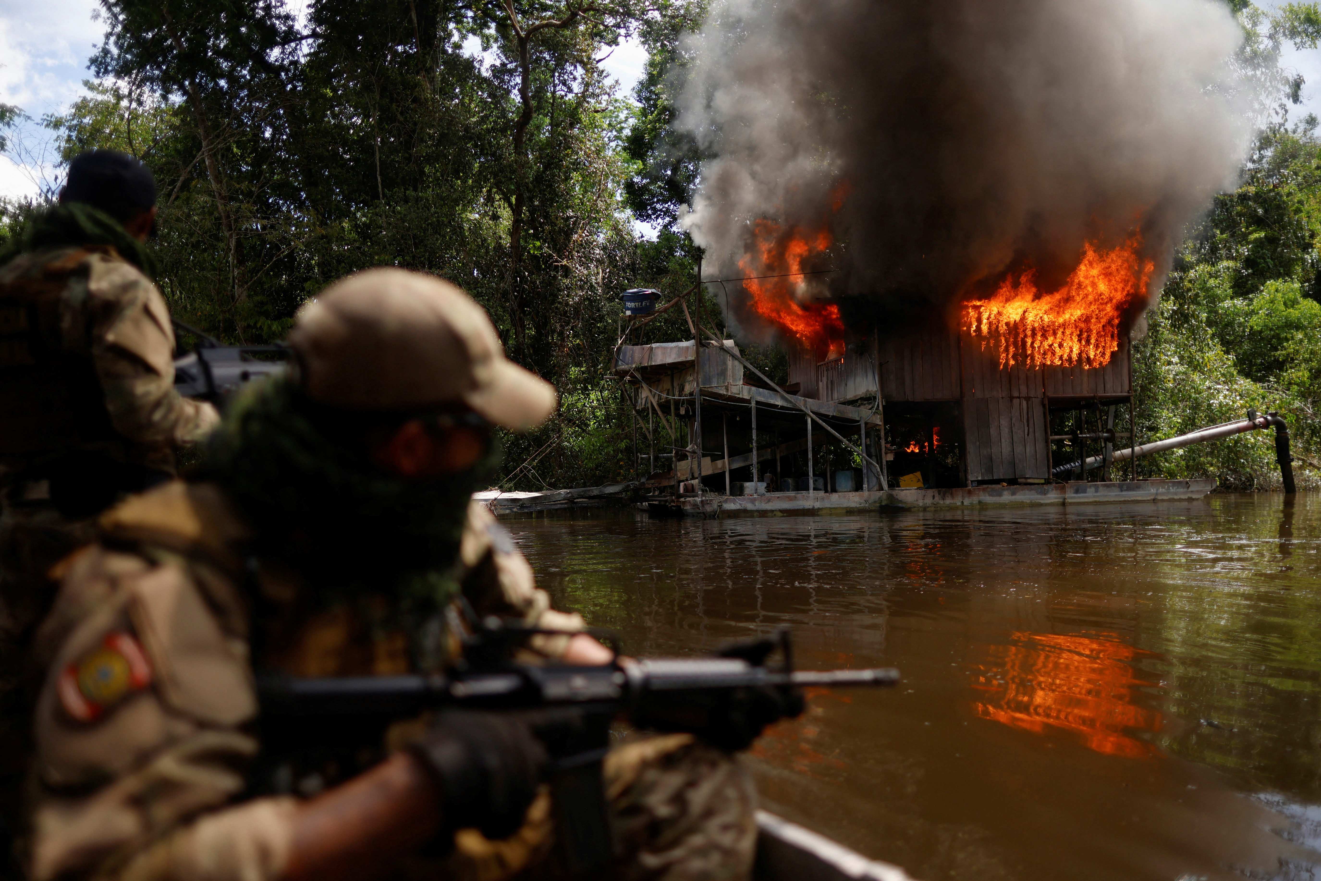 Operation against illegal gold mining at the Urupadi National Forest Park in the Amazon rainforest