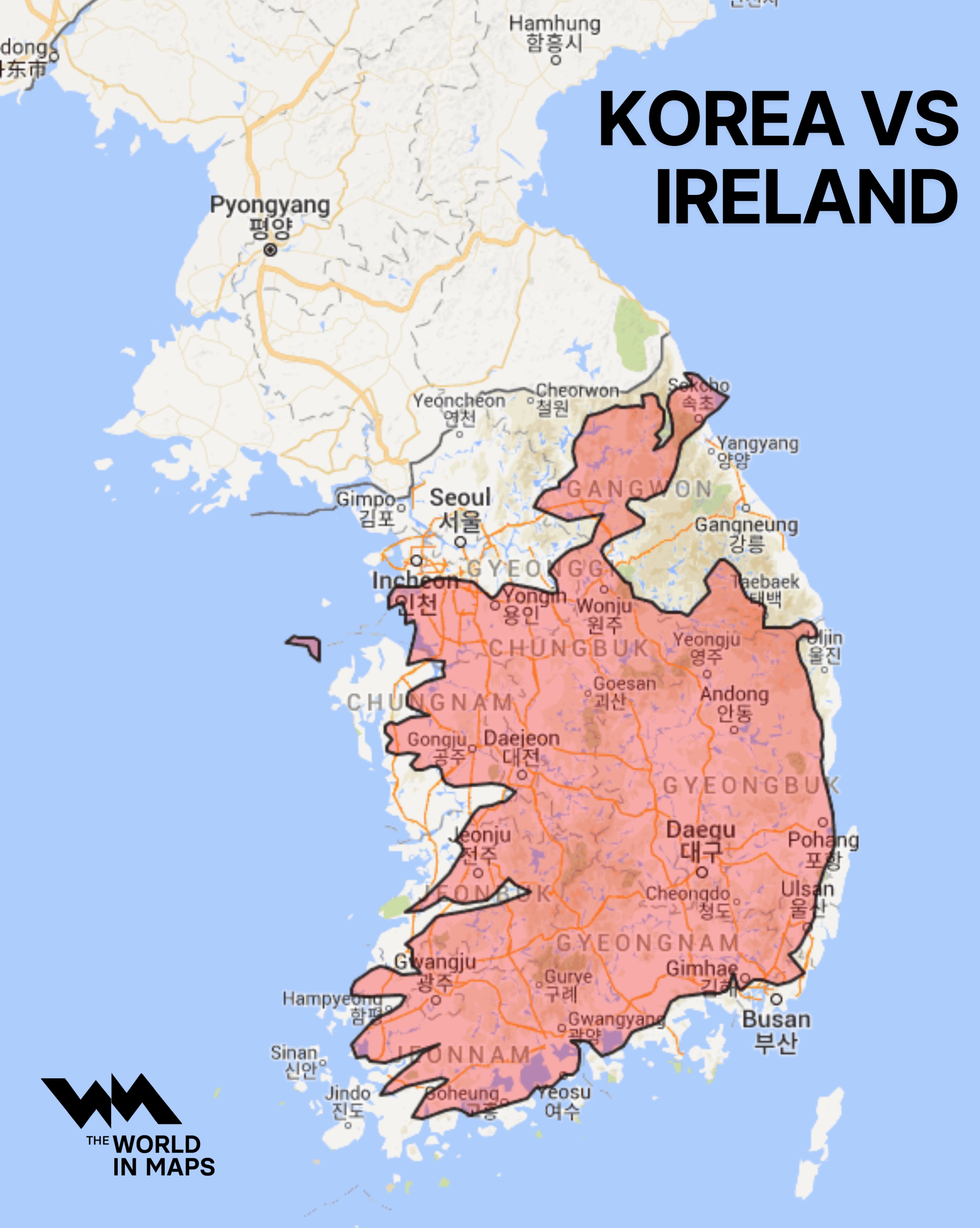 South Korea is only about 1.4 times the size of Ireland but has nearly 10 times the population