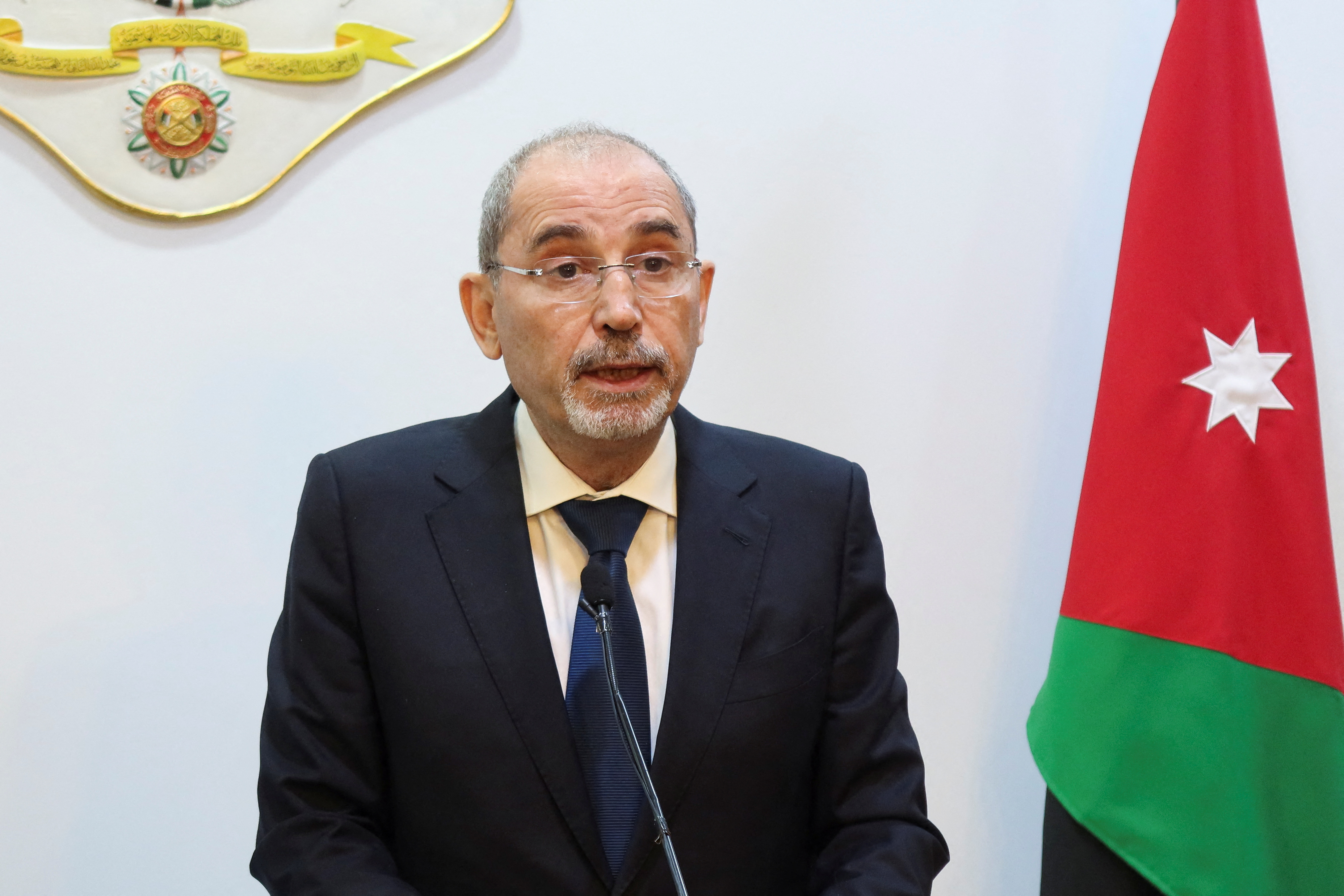 Jordanian foreign minister Ayman Safadi speaks during a press conference in Amman