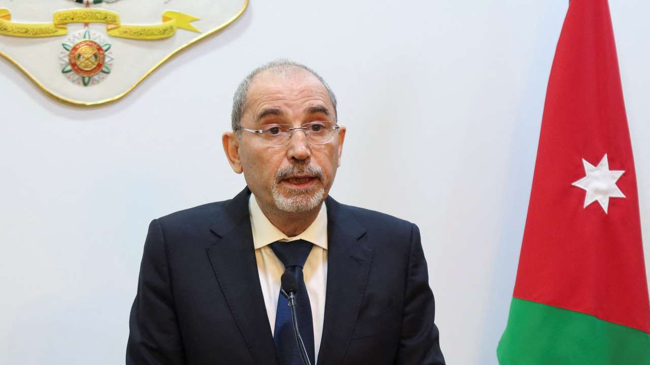 Jordanian foreign minister Ayman Safadi speaks during a press conference in Amman