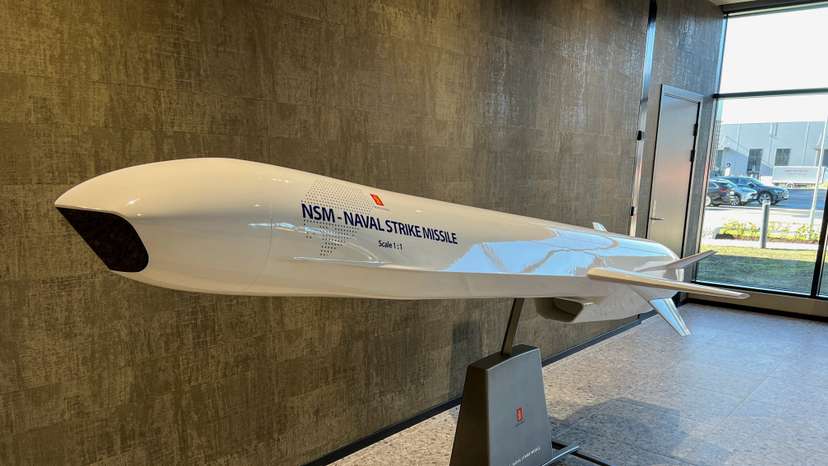 FILE PHOTO: A model of the Naval Strike Missile, an anti-ship missile produced by Norway's Kongsberg, is showcased at the entrance of Kongsberg's new missile factory in Kongsberg