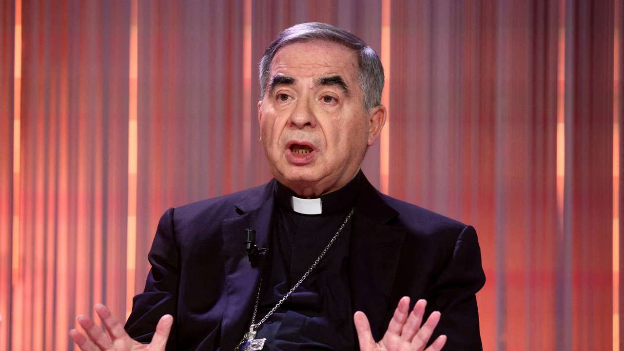 FILE PHOTO: Cardinal Angelo Becciu on the set of talk show "Cinque minuti" (Five minutes) in Rome
