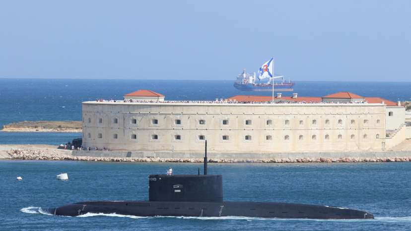 FILE PHOTO: The Russian Navy's improved kilo-class submarine Kolpino sails during the Navy Day parade in Sevastopol