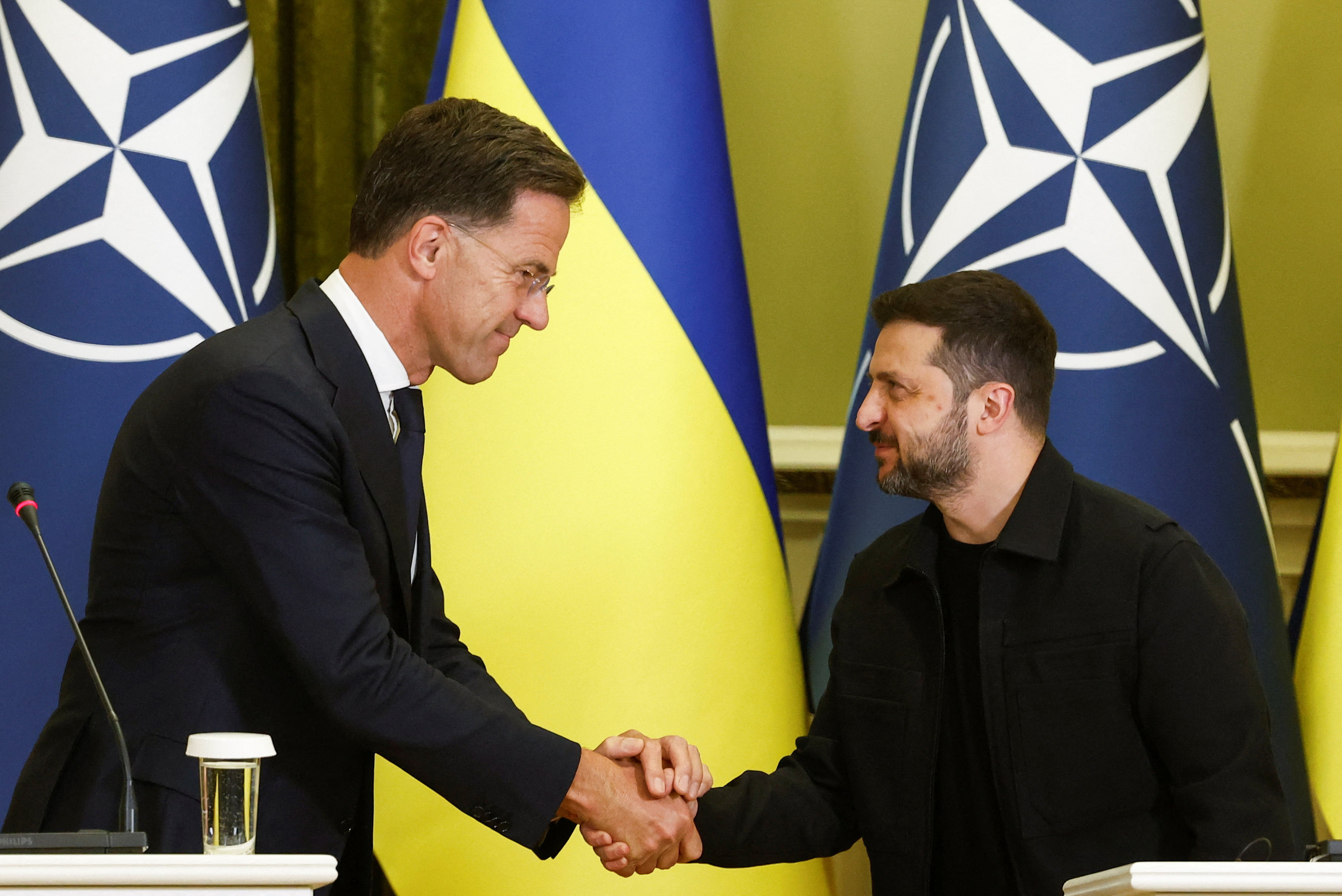 Ukrainian President Zelenskiy and NATO Secretary General Rutte speak at a press conference, in Kyiv
