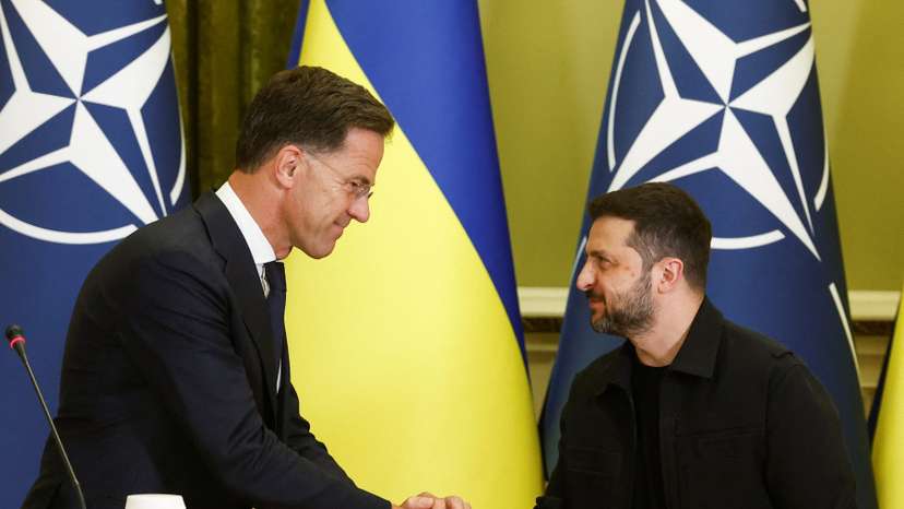 Ukrainian President Zelenskiy and NATO Secretary General Rutte speak at a press conference, in Kyiv