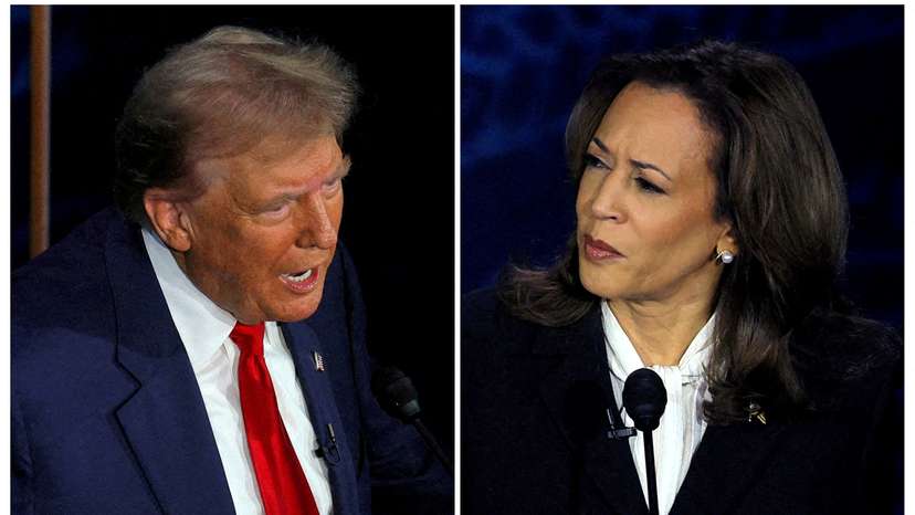 FILE PHOTO: Harris and Trump take part in presidential debate hosted by ABC in Philadelphia, Pennsylvania