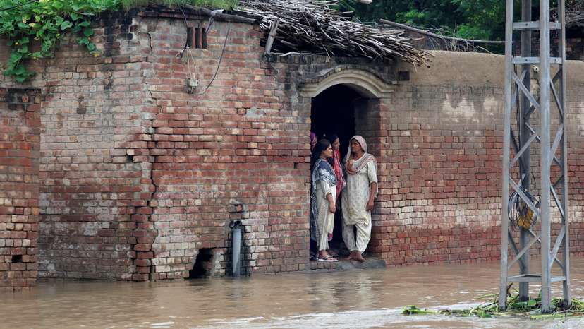 Monsoon rains and rising water level of the Sutlej River, in Hakuwala village near the Pakistan-India border in Kasur district
