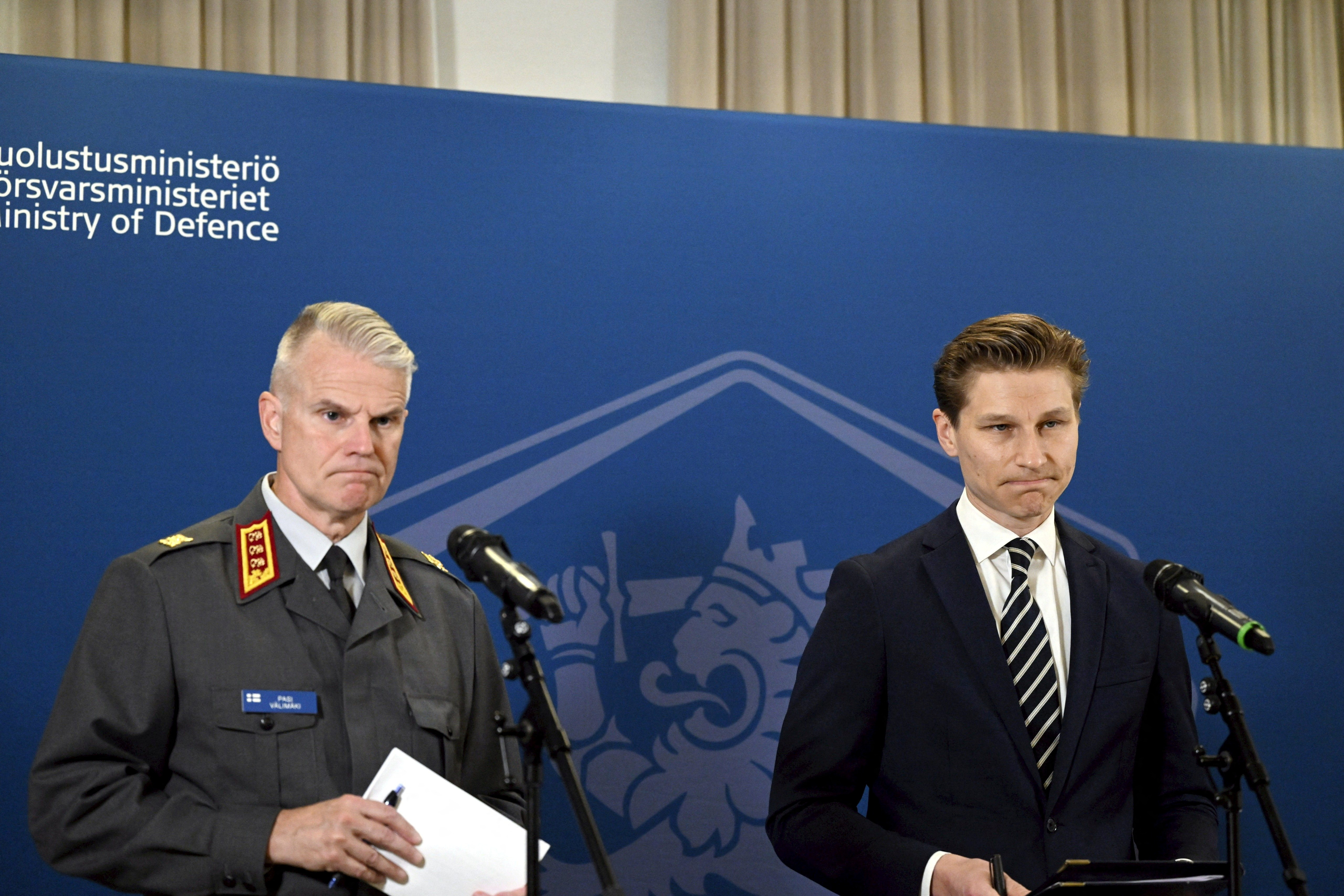 Finnish Defence Ministeri Antti Hakkanen speaks during a press conference in Helsinki