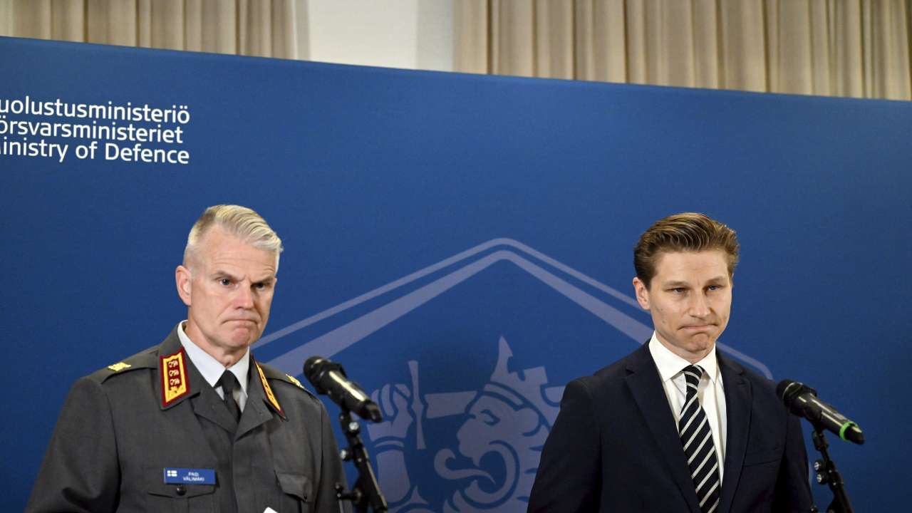 Finnish Defence Ministeri Antti Hakkanen speaks during a press conference in Helsinki