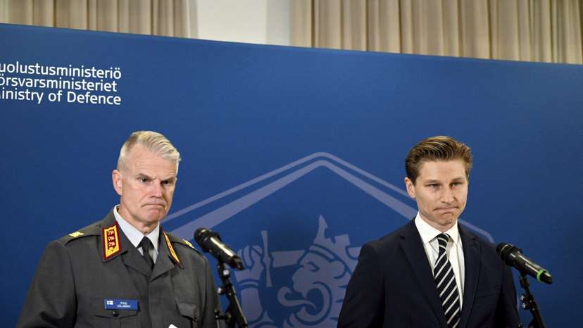 Finnish Defence Ministeri Antti Hakkanen speaks during a press conference in Helsinki