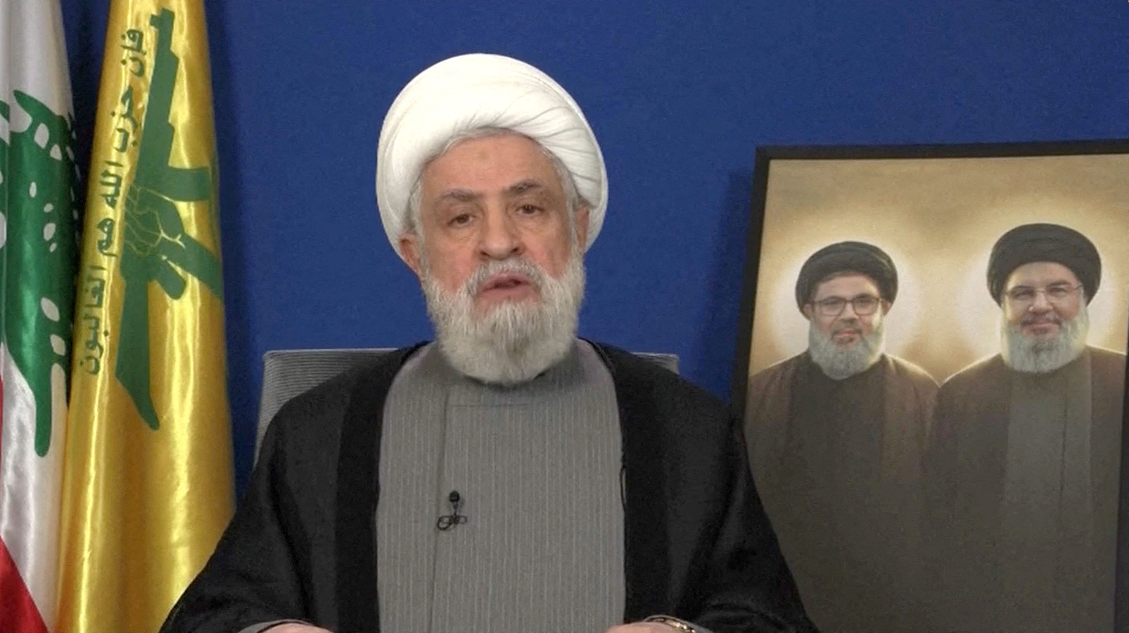 Lebanon's Hezbollah leader Sheikh Naim Qassem delivers a speech
