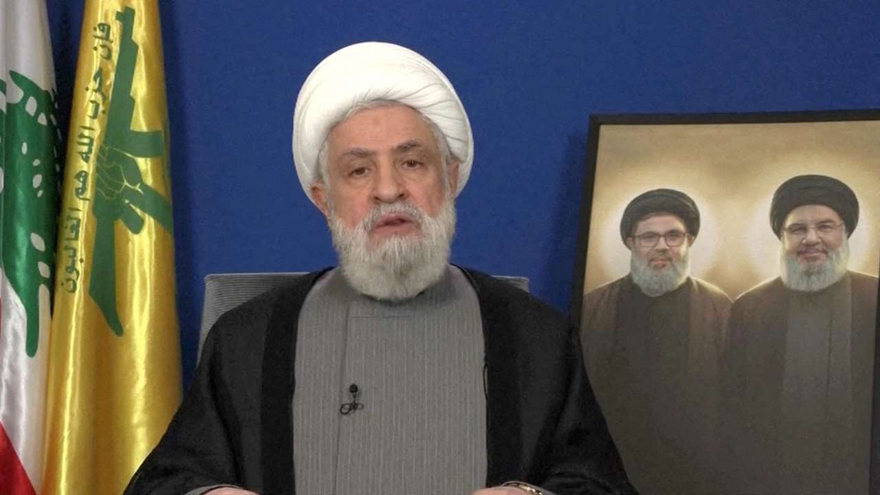 Lebanon's Hezbollah leader Sheikh Naim Qassem delivers a speech