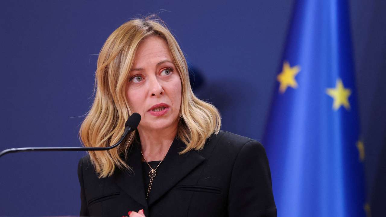 FILE PHOTO: Italian Prime Minister Giorgia Meloni speaks during a press conference in Belgrade