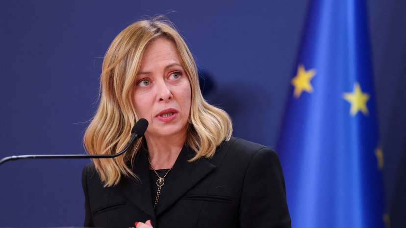 FILE PHOTO: Italian Prime Minister Giorgia Meloni speaks during a press conference in Belgrade