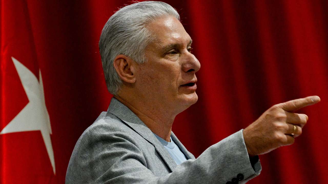 Cuba's President Miguel Diaz‑Canel meets with members of the Nuestra America Convoy, in Havana