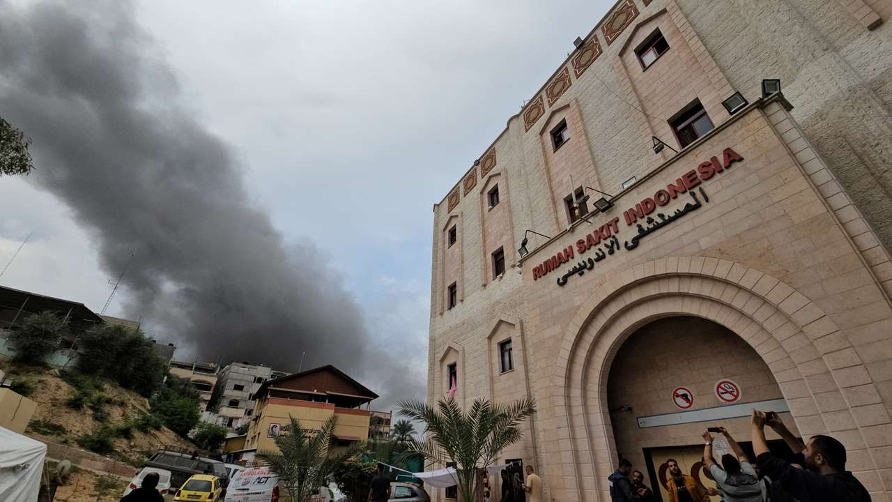 Smoke rises following an Israeli strike near the Indonesian Hospital that ran out of fuel and electricity, in the northern Gaza Strip