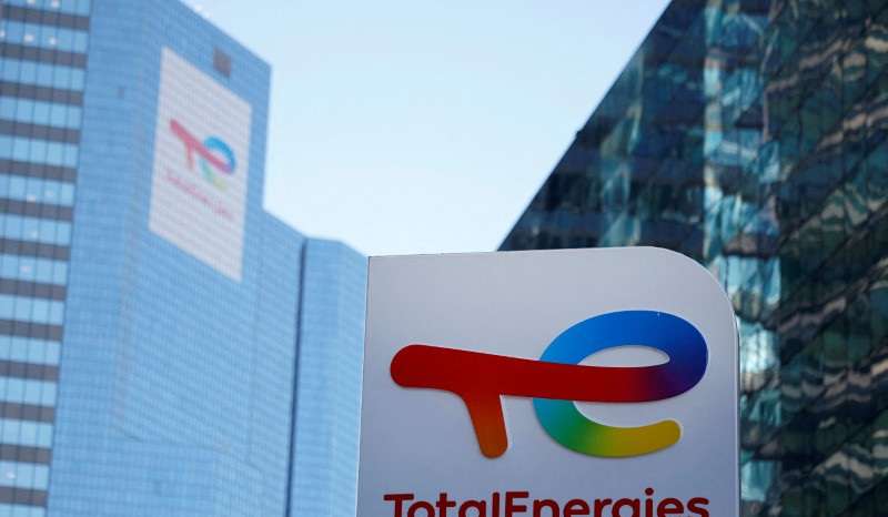 FILE PHOTO: Logo of TotalEnergies at an electric vehicle fuelling station near Paris