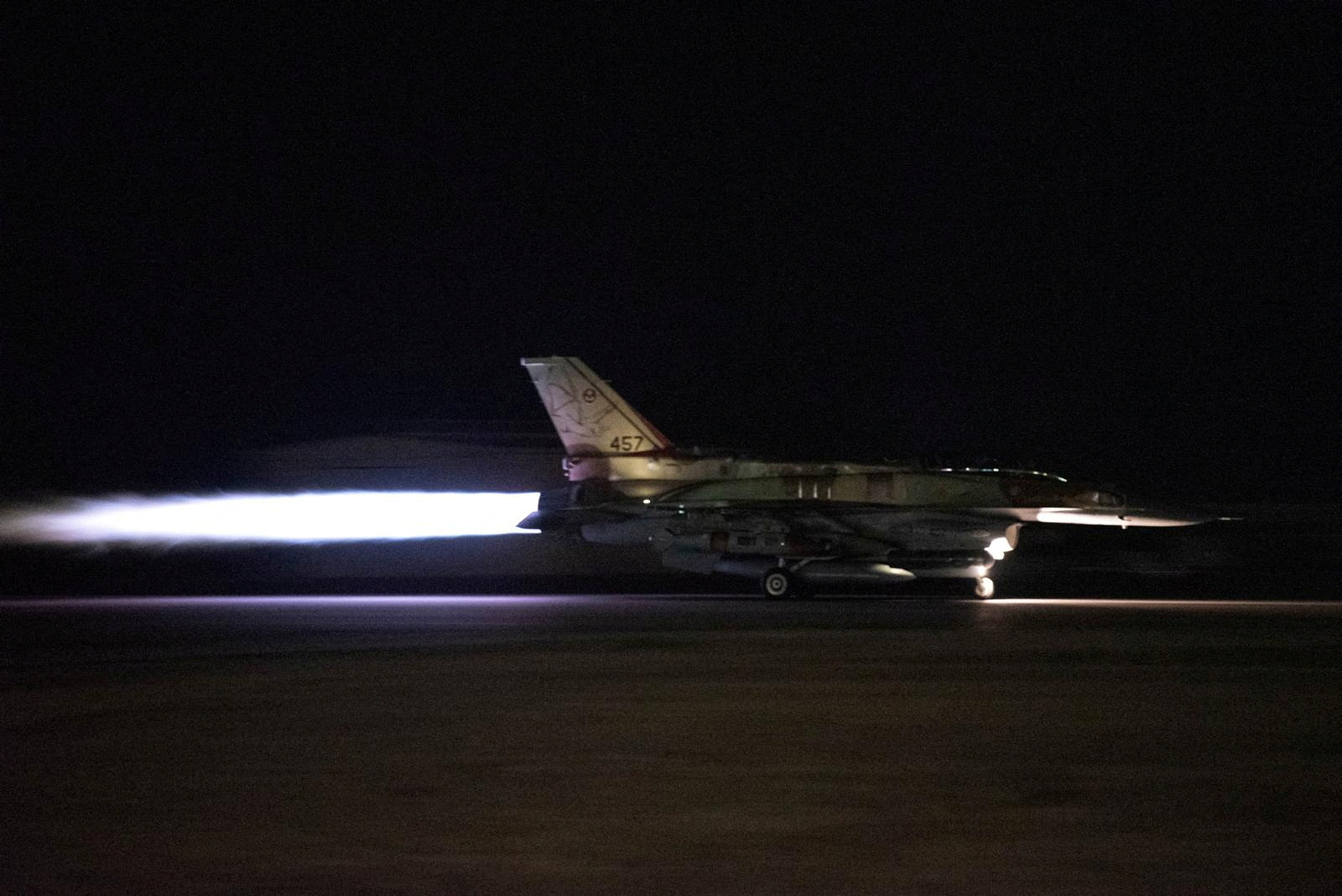An Israeli fighter jet takes off at an unidentified location to conduct strikes on Hezbollah targets in southern Lebanon