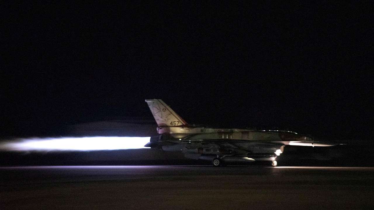 An Israeli fighter jet takes off at an unidentified location to conduct strikes on Hezbollah targets in southern Lebanon