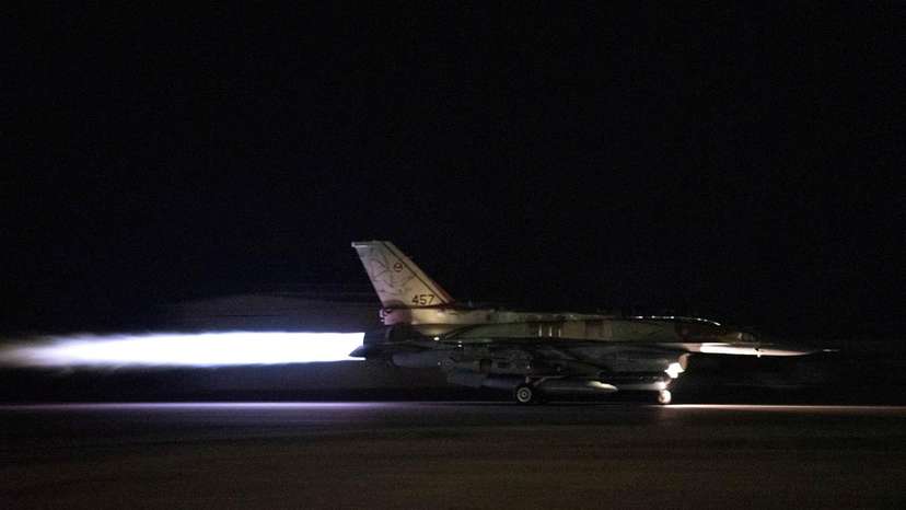 An Israeli fighter jet takes off at an unidentified location to conduct strikes on Hezbollah targets in southern Lebanon