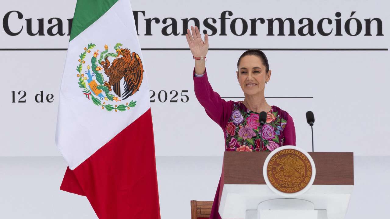 Mexico's President Sheinbaum reports on her government's first 100 days at a rally, in Mexico City