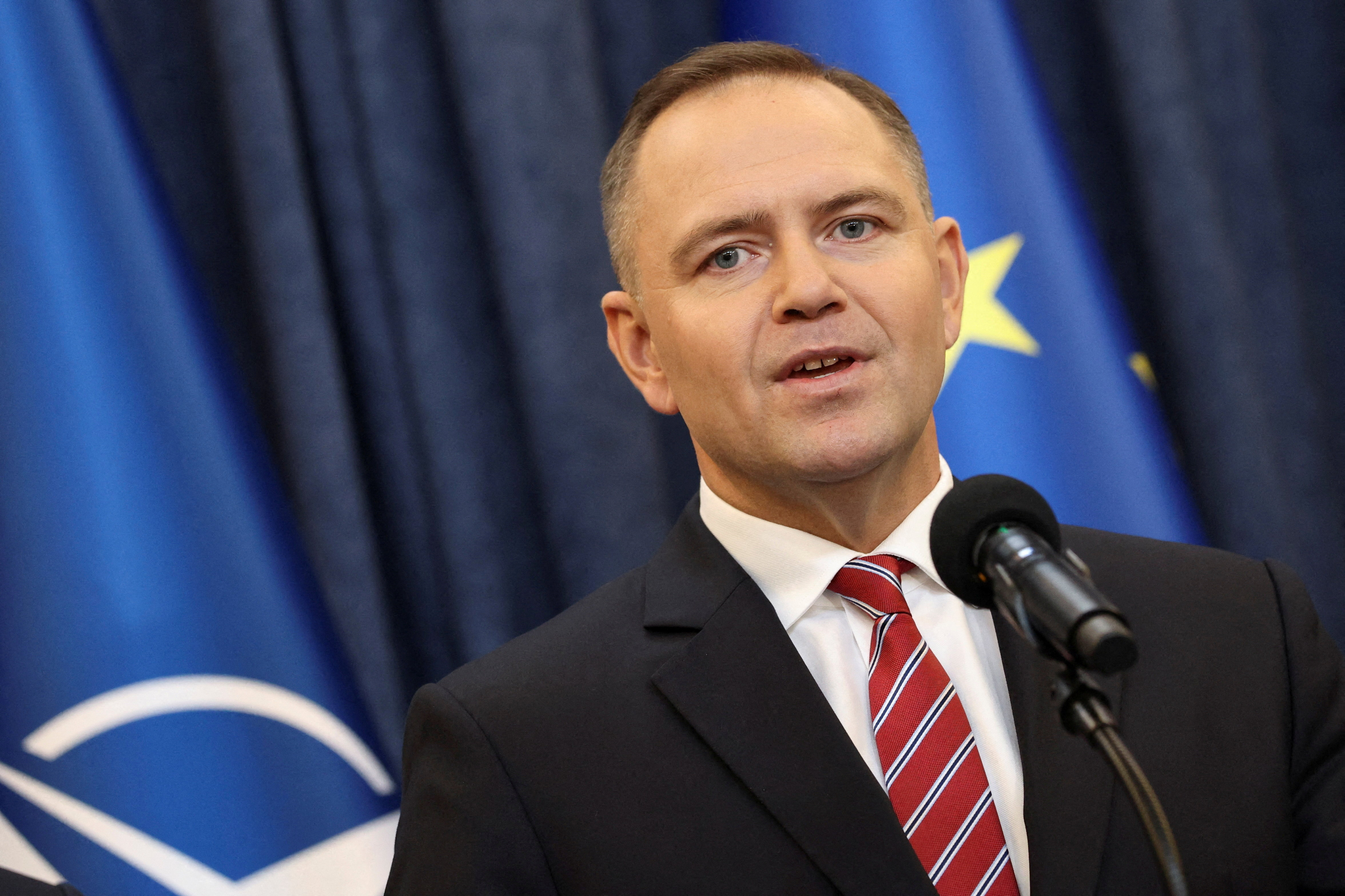 Polish President Karol Nawrocki gives a statement to media at the presidential palace in Warsaw