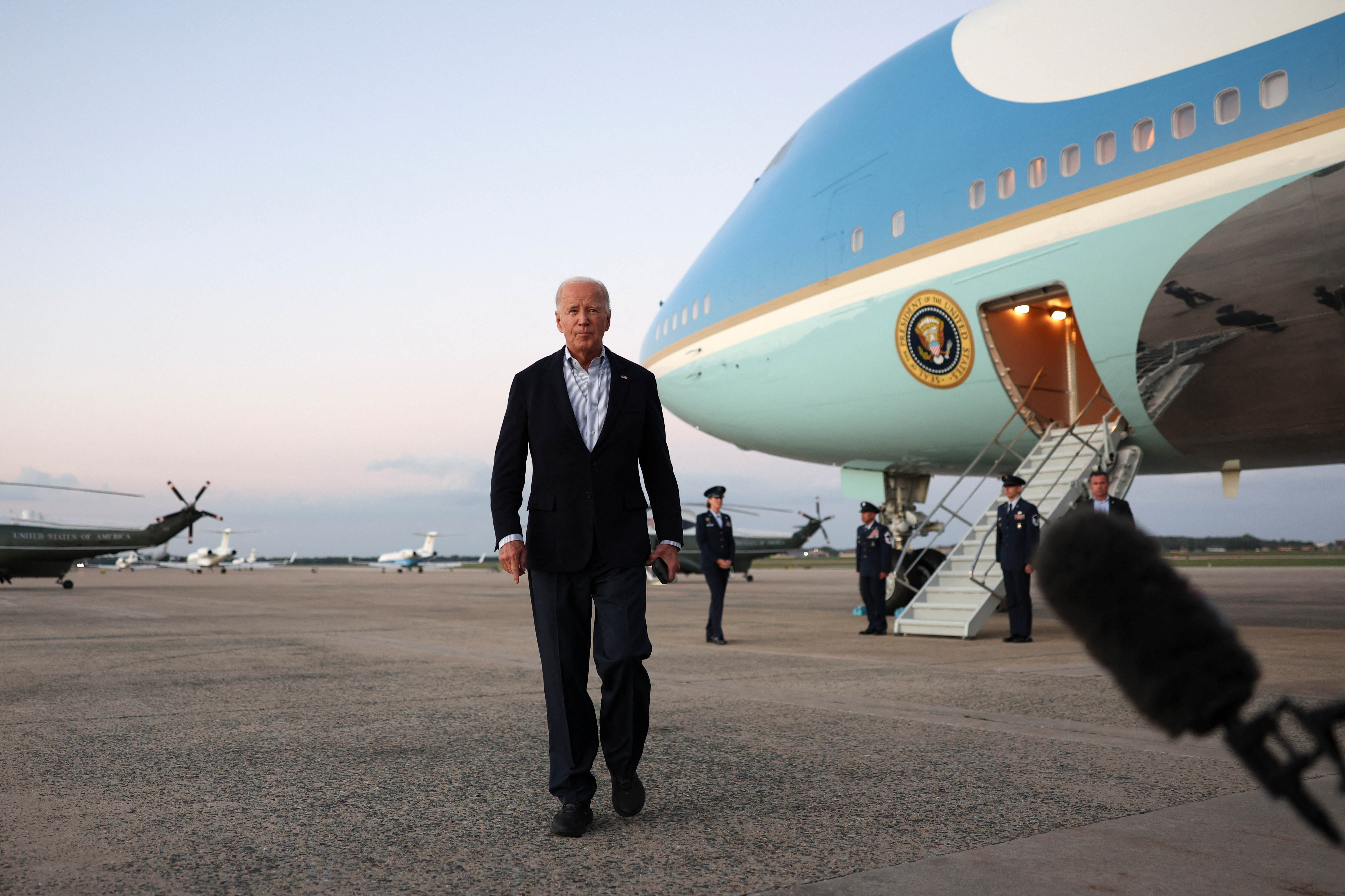 U.S. President Biden disembarks Air Force One at Joint Base Andrews in Maryland