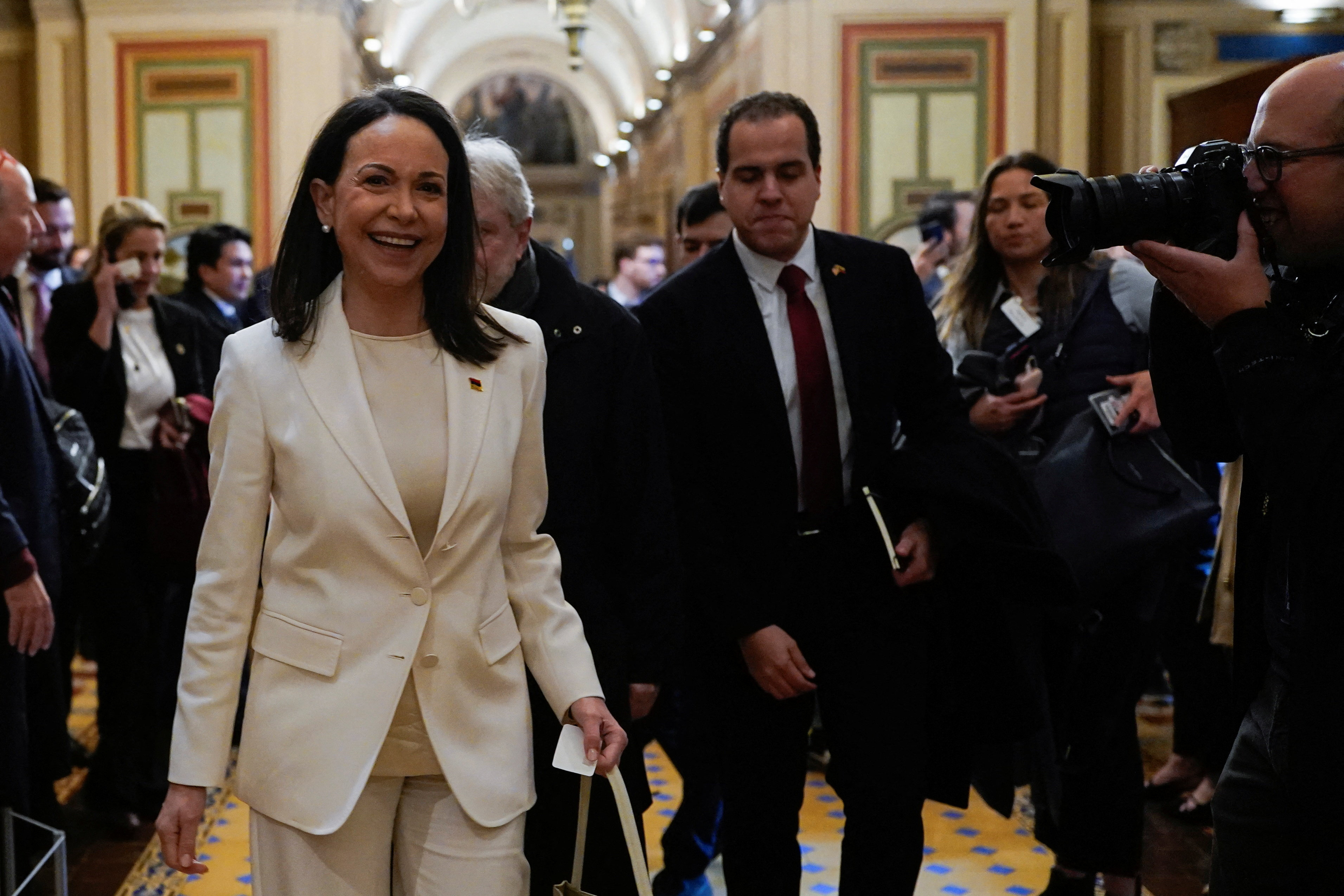 Venezuelan opposition leader Maria Corina Machado meets with U.S. senators on Capitol Hill in Washington
