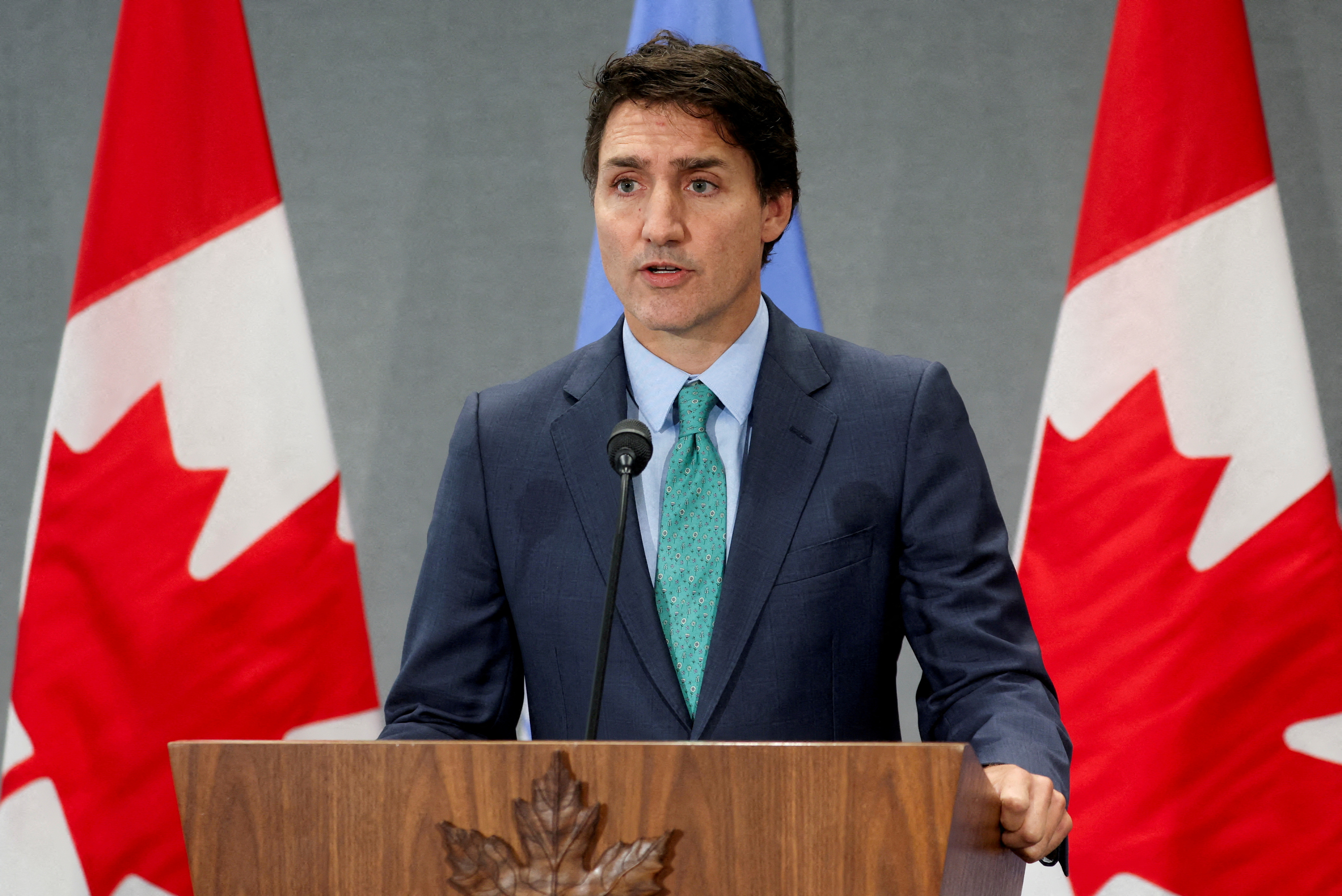FILE PHOTO: Canadian Prime Minister Justin Trudeau speaks during a press conference on the sidelines of the UNGA, in New York