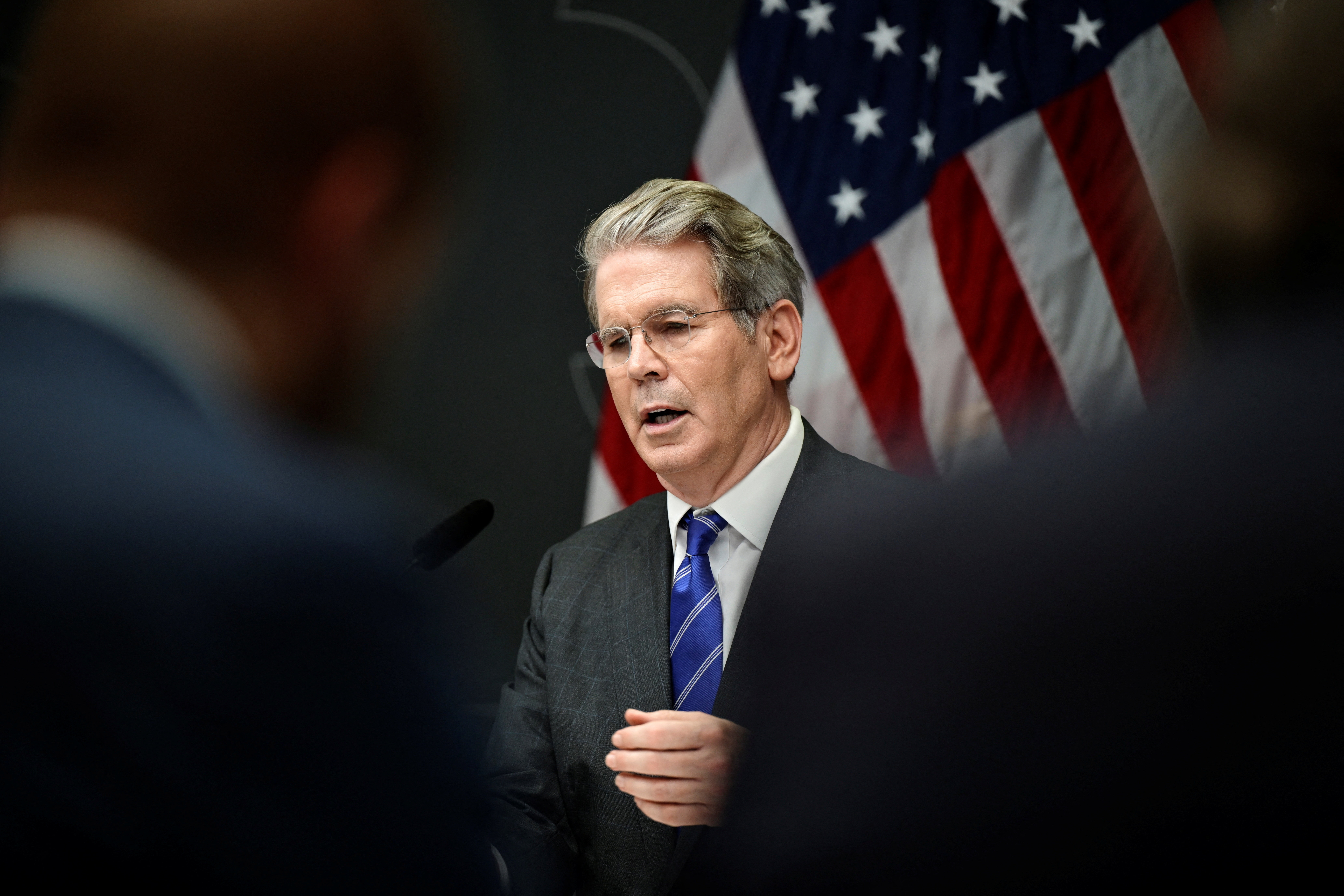 U.S. Treasury Secretary Bessent and U.S. Trade Representative Greer attend a press conference at government quarters Rosenbad