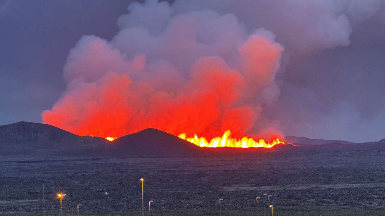 A volcano erupts, near Vogar