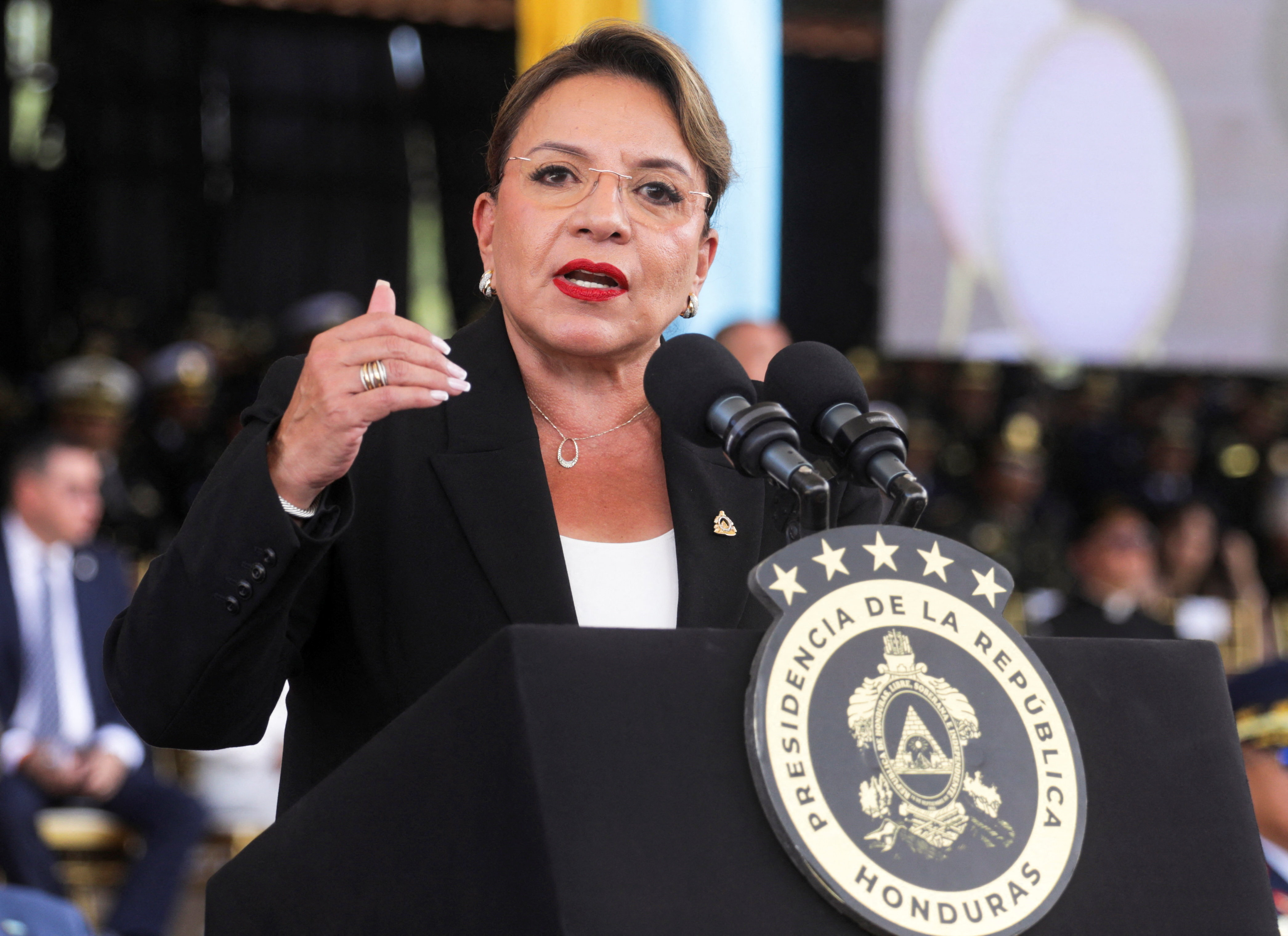 Honduran President Xiomara Castro attends an event to celebrate the Day of the Soldier in Tegucigalpa