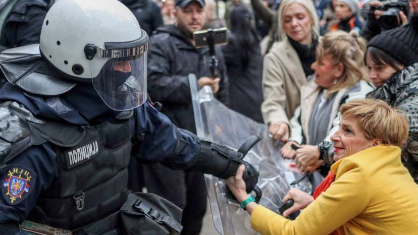 Clashes during a protest over a fatal collapse of a roof at the station in Novi Sad
