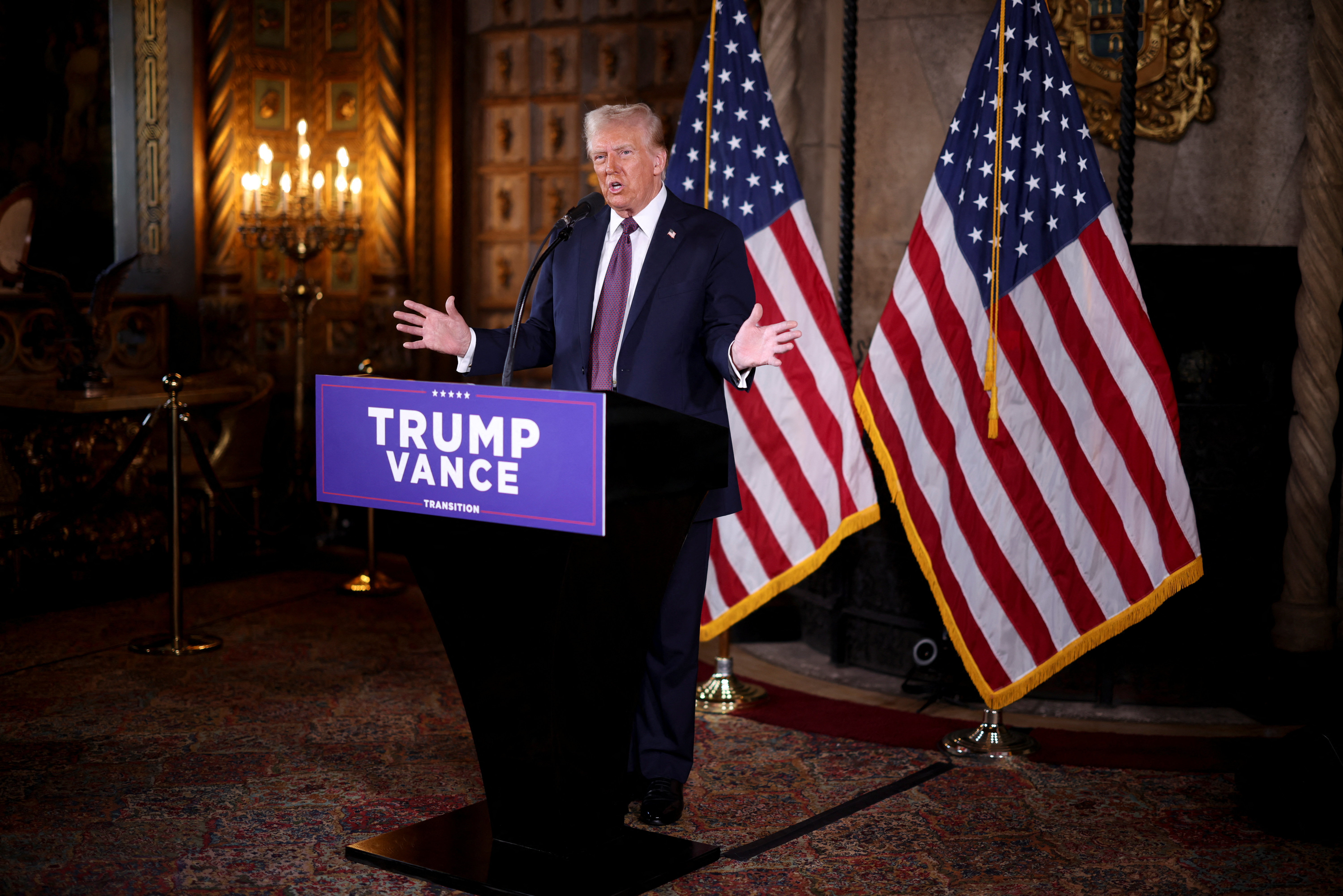 U.S. President-elect Donald Trump makes remarks at Mar-a-Lago in Palm Beach