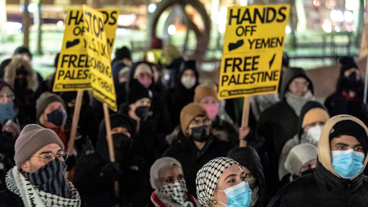 Protest following US and Britain strikes on Yemen at a rally in Seattle