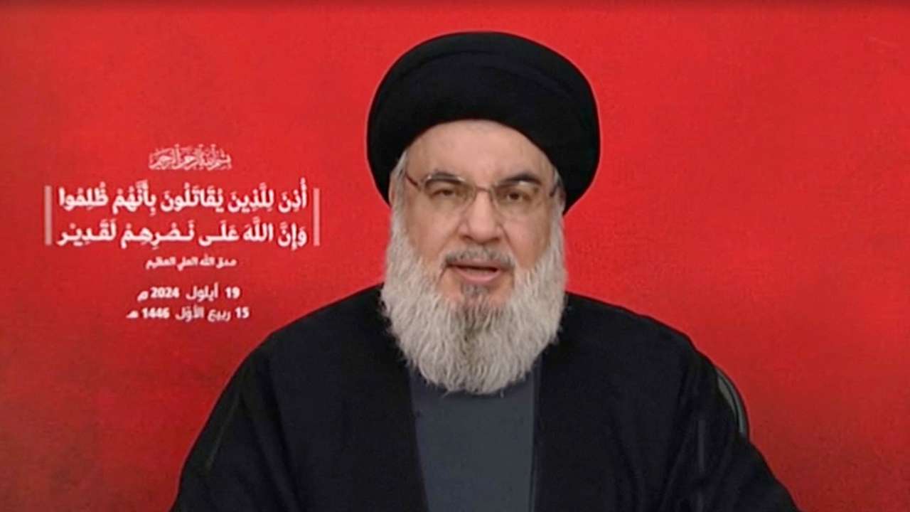 Hezbollah leader Sayyed Hassan Nasrallah gives a televised address