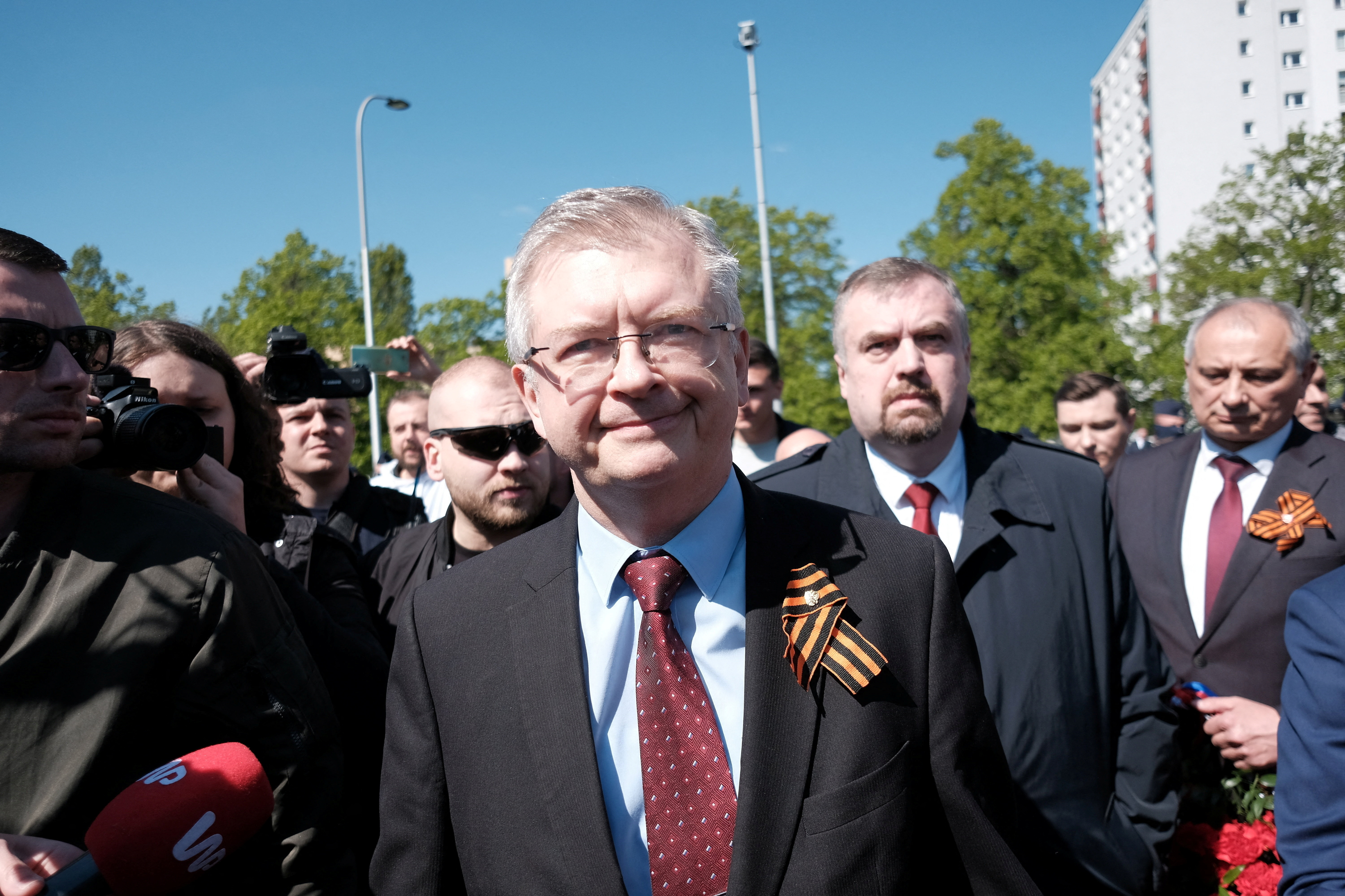 Russia's Ambassador to Poland Sergey Andreev visits the Soviet Military Cemetery, in Warsaw