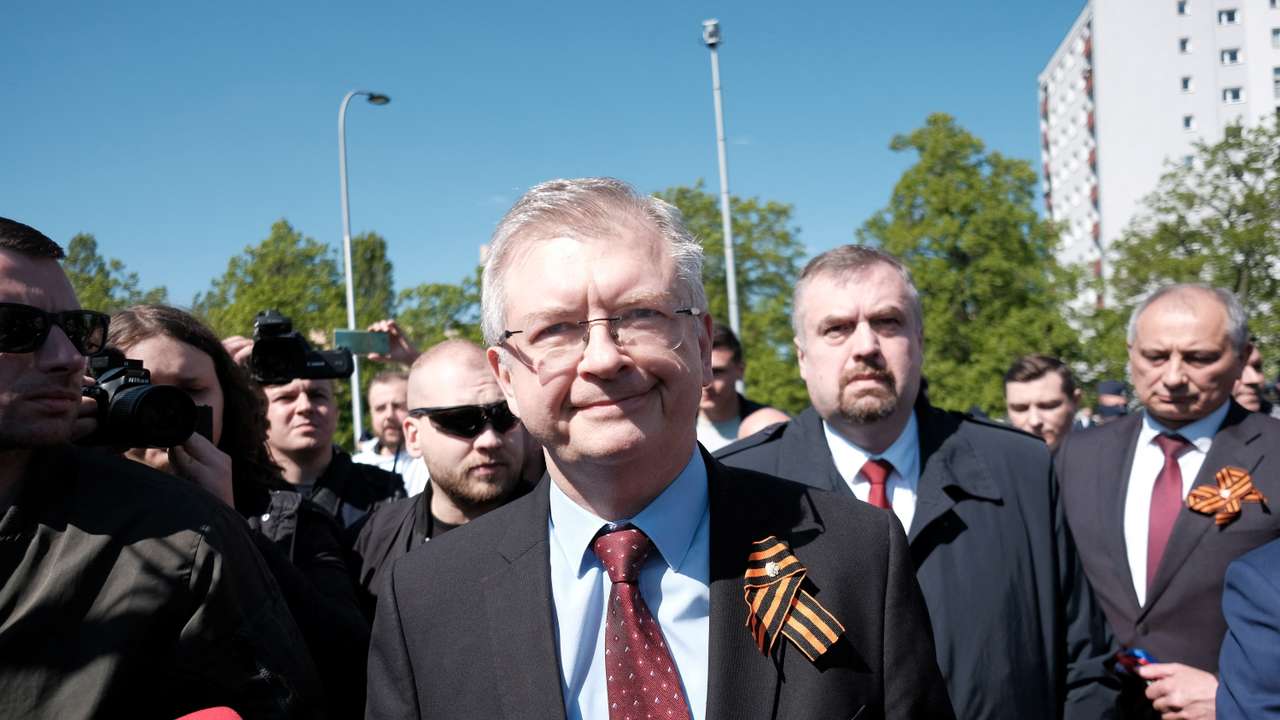 Russia's Ambassador to Poland Sergey Andreev visits the Soviet Military Cemetery, in Warsaw