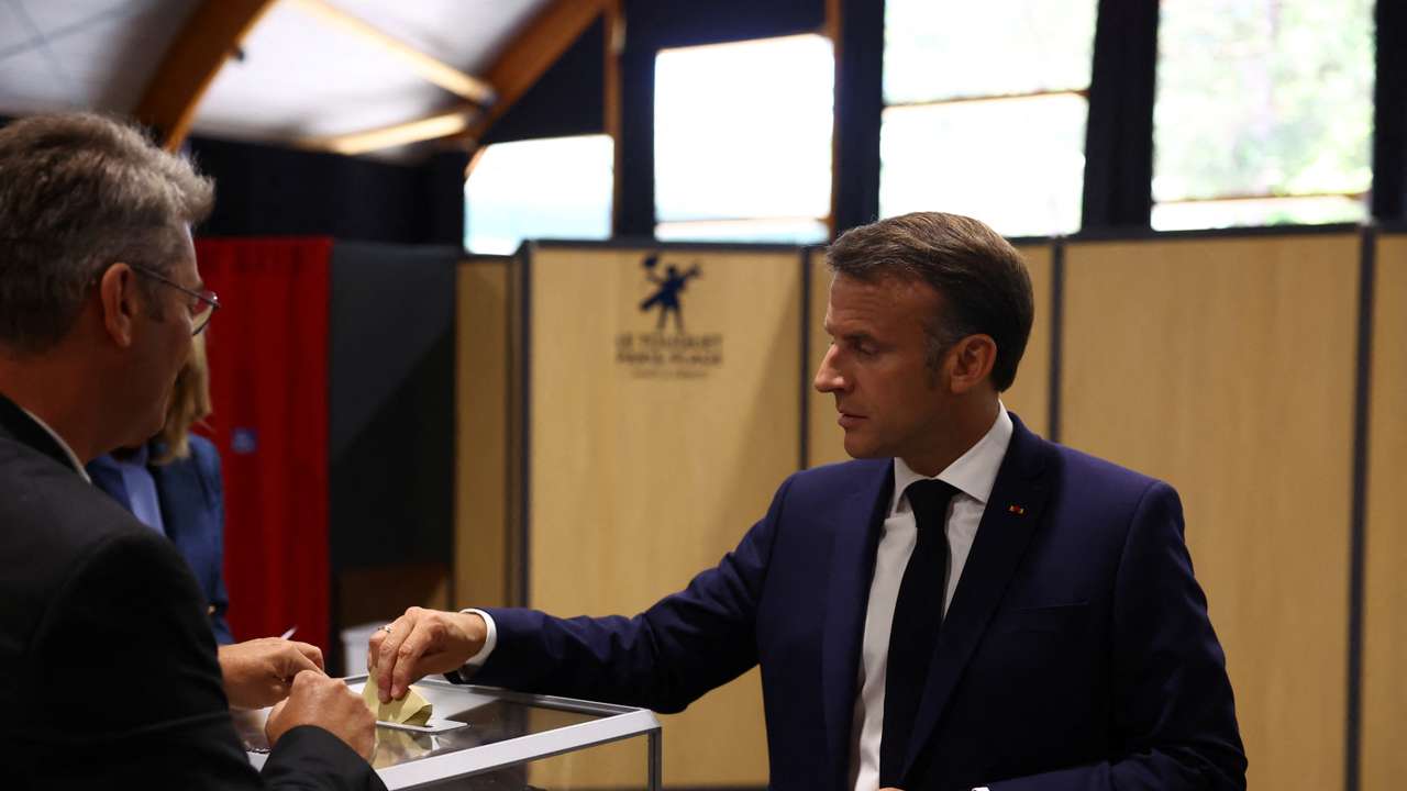 French President Macron votes during the European Parliament elections, in Le Touquet-Paris-Plage
