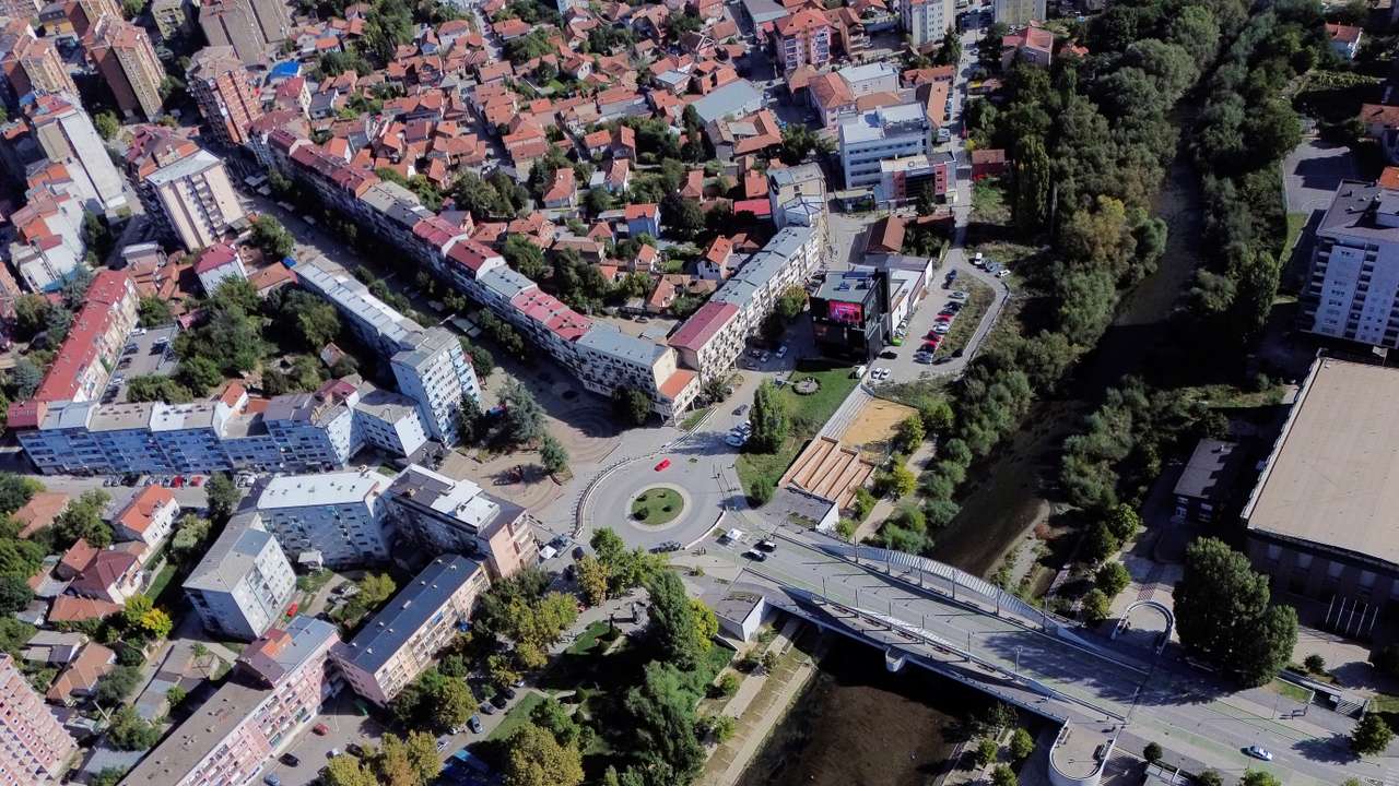 A drone view shows the main bridge of the ethnically divided town, in Mitrovica
